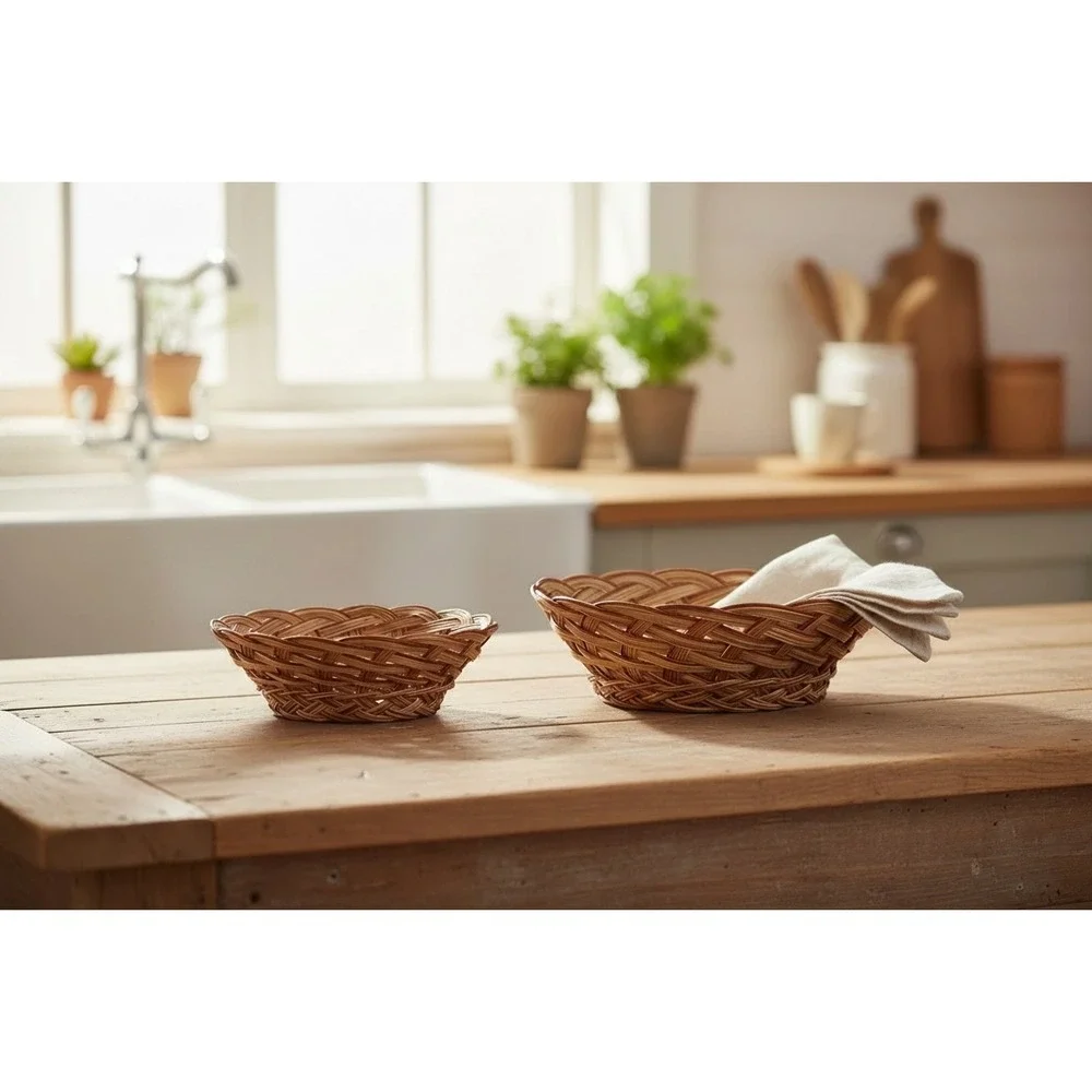 Vintage Woven Wicker Basket Set of 2 Round Rattan Bread Fruit Bowls Brown